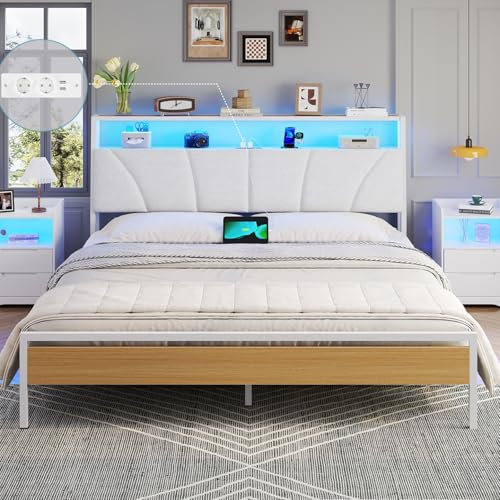 Brinlawb Letto Imbottito 160x200 cm, Struttura letto con Luce LED e Stazione di Ricarica (2 Prese CA 2 Porte USB) Letto Matrimoniale con testiera e pediera, Facile da montare, Moderno, Bianco
