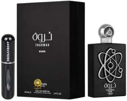 Perfume THARWAH SILVER Eau de Parfum 100ml Original | Unisex de Larga Duración | Fragancia Fresca y Amaderada + Regalo Atomizador Recargable 5ml Drikanbest