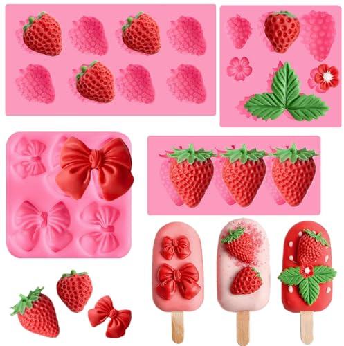 JOERSH 4PCS Strawberry Fondant Molds, Bow Fondant Silicone Molds, Fruit Baking Mold for Cake Decorating, Cupcake Topper, Chocolate, Candy, Candle, Clay