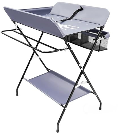 Mermajestic Dunkelgrau Folding Baby Wickeltisch Höhe einstellbar Säugling Windel Pflege Station mit hängenden Stab Aufbewahrungstasche offenes Regal & abschließbare Räder Dresser Windel