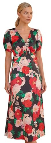Roman Originals Puff Sleeve Floral Satin Midi Dress for Women UK - Ladies Everyday Holiday Spring Summer V-Neckline Comfy Soft Evening Vacation Work Party