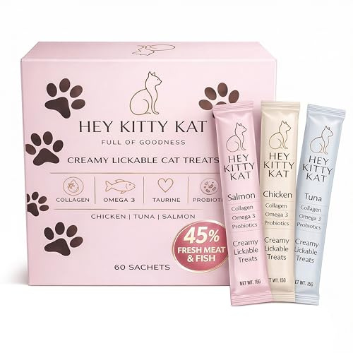 Hey Kitty Kat Premium Creamy Healthy Lickable Cat Treats, Grain Free Cat Licks, Chicken Tuna Salmon Variety Pack, 60 Tubes, with Taurine Omega 3 and Probiotics