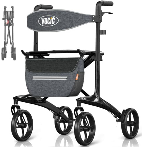 VOCIC Z75 Carbon Rollator Faltbar und leicht mit Sitz, 5,5kg Ultralight | Rollator Schmal für Wohnung, Indoor & Outdoor Faltbarer Rollatoren Klappbar für Senioren, Max 136kg, 5 Jahre Support,Obsidian