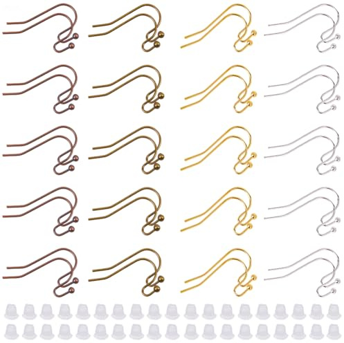 SUNNYCLUE 1 Box 240Pcs 4 Colors S Earring Hooks Brass Fish Hook Earrings Rose Gold Silver Antique Bronze Metal French Ball Dot Ear Wire Findings with 240Pcs Plastic Backs for Jewellery Making DIY