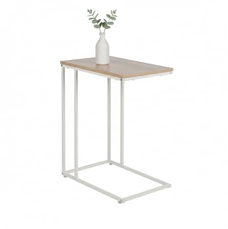 Relaxdays side table, HxWxD: 64 x 50 x 35 cm, MDF, metal, C-shape, coffee table for under sofa, white/natural