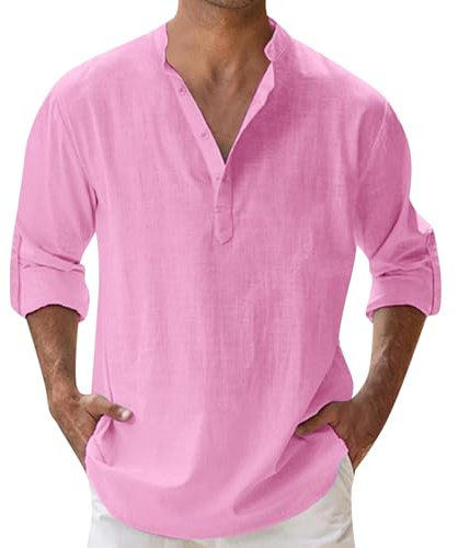 Chemise Homme en Lin – Col Henley, Manches Longues, Chemise d’Été Respirante, Coupe Décontractée, S-5XL