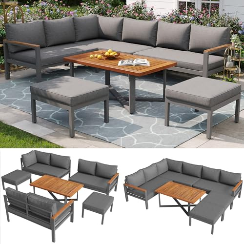 Mrwoo 7-8 Seater Outdoor Garden Furniture Set with 2 Storage Stool Tables and Wooden Coffee Table, L-Shaped Corner Sofa with Thick Cushions, Grey