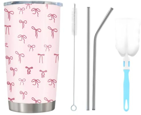 Leseogye 600ml/20oz Pink Bow Insulated Cups for Girl, Pink Travel Mug with Lid Straw Brush, Vacuum Double Wall Stainless Steel Coffee Mug, Bow Leakproof Tumbler for Women