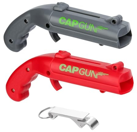 2 Pcs Bottle Opener Cap Gun, Funny Beer Bottle Opener | Beer Cap Gun Shooter for Home Bar Party, Christmas Novelty Beer Gifts for Men (Grey,Red,Portable Corkscrew)