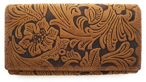 Lemasi Damen Geldbörse Groß Echt Büffelleder mit RFID Schutz - Portemonnaie 18 Kartenfächer 2 Scheinfächer Münzfach - Brieftasche Florale Prägung Druckknopf 17,5x10x4cm (Cognac Braun)