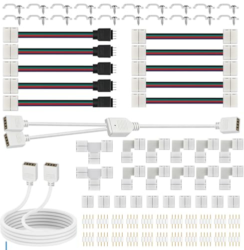 10mm 4pin 5050 RGB LED Strip Solderless Connector Kit, Led Strip Connector | Solderless LED Light L/T Shape Connectors 2 Way Splitte 2M Extension Cable Accessories for DIY RGB LED Gapless Connection