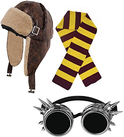 I LOVE FANCY DRESS KAMPFFLIEGER/RUSSEN VERKLEIDUNG KOSTÜM+Silber Googles+SCHAL IM Retro Stil = DIE MÜTZE HAT HELLES TEDDYFELL AUF DER Innenseite= Kunstleder OHRKLAPPEN =Kastanie/Goldner SCHAL
