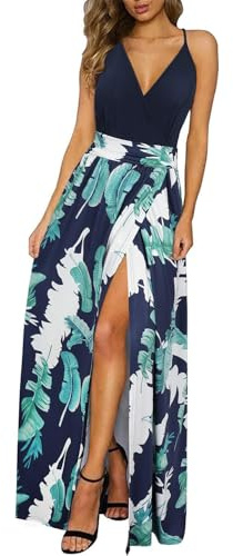 Newshows Abito Estivo da Donna con Collo a v e Manica Corta da Spiaggia Boho Maxi | Abiti floreali senza maniche con spalline sottili, abito lungo spacco casual