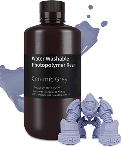 ELEGOO Water Washable 3D Printer Resin 1.0, Ceramic Grey 1000g, Fast Curing, Easy Cleanup with Water, Smooth Finish & High Precision 405nm UV Resin for LCD/MSLA 3D Printing