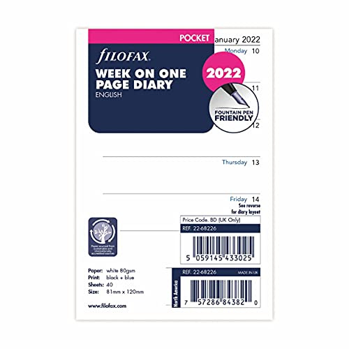 Filofax Taschenkalender 2022, 1 Woche pro Seite, Englisch.