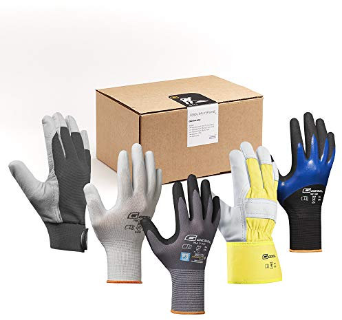 Gebol GOO Handschuhbox Bau | Arbeitshandschuhe-Set aus Nitrilhandschuhen mit Noppen, Lederhandschuhen, Nylonhandschuhen, Gartenhandschuhen & 1x Schutzbrille | Für Herren | Größe L (Gr 9) | 8 Paar
