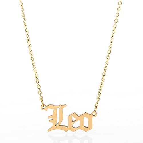 Minegreet Old English Zodiac Necklace for Women, Horoscope Birth Star Sign Letter Astrology Constellation Necklace Birthday Gift (Leo-Gold)