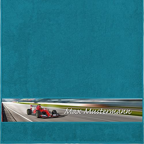 Manutextur Duschtuch mit Namen - personalisiert - Motiv Motorsport - viele Farben & Motive - Dusch-Handtuch - Petrol - Größe 70x140 cm - persönliches Geschenk mit Wunsch-Motiv und Wunsch-Name