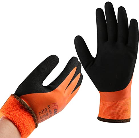 DS Safety Arbeitshandschuhe Winter Wasserdicht Thermo Warme Winterhandschuh Montagehandschuhe Grip Winterarbeitshandschuhe Arbeit Doppelbeschichte Nylon Isolierte Handschuhe Orange Größe 10 / XL