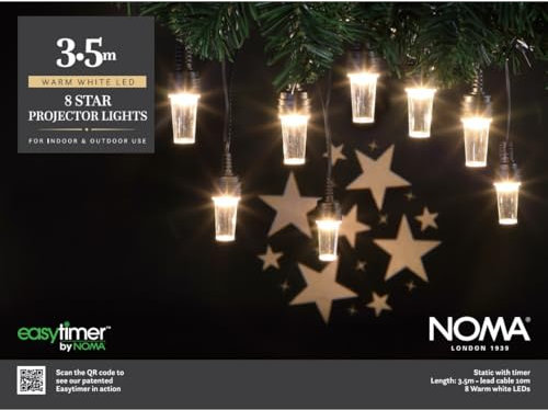NOMA Star Pattern Projector Christmas String Lights, 8 Warm White Projector Bulbs, 14 m