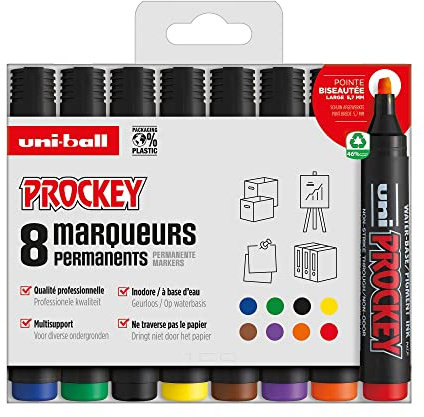 uni-ball Uni Prockey Pennarello permanente in acciaio inodoro PM126, multisupporto, base acqua, senza odore, punta smussata, ampia 5,7 mm, confezione zero plastica, confezione da 8 colori