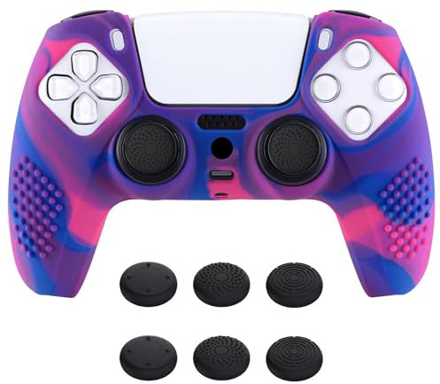 eXtremeRate PlayVital Funda de Silicona para ps5 Mando - Cubierta Protectora con 6 Tapas de Joysticks, Impermeable, Resistente y Antideslizante, Funda de Goma Suave, 3D Tachonado (Rosa Violeta Azul)