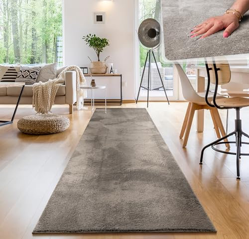 Paco Home Moderner Kuscheliger Wohnzimmer Teppich Kurzflor waschbar flauschig Weich Einfarbig Felloptik zeitlos stilvoll rutschfest pflegeleicht, Grösse:80x300 cm, Farbe:Grau
