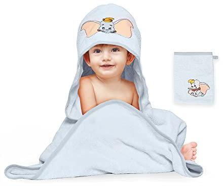Disney Home Set 2 pièces Serviette de Bain à Capuche Dumbo,pour bébé/jusqu'à 5 Ans, Doux,très,Absorbant,certifié Oeko-TEX,1 Serviette 80x80cm,1 Gant de Toilette 15x20cm