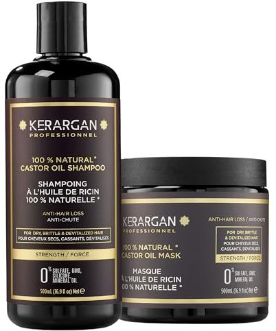 Kerargan - Duo Anti-Chute Shampoing & Masque à l’Huile de Ricin pour Cheveux Secs, Fragilisés, Dévitalisés - Booste la Croissance - Sans Sulfate, Silicone, OGM - 2x500 ml