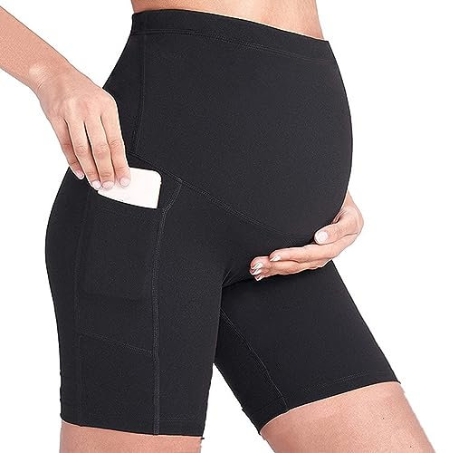Buliezy Umstandsshorts Damen Umstandshose Over The Belly Schwangerschaft Legging Umstandsmode Yoga-Sportshorts,Schwarz,XL