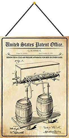 DekoDrom® Blechschild 20 x 30 cm US Patent Zapfanlage für Bier Fässer historisches Motiv mit Kordel zum Aufhängen Wand Deko Sammler Geschenk