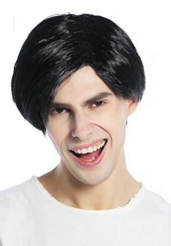 WIG ME UP - CW-001-P103 Perücke Fasching Karneval Herren Scheitel Schwarz Glatt Kurz Emo