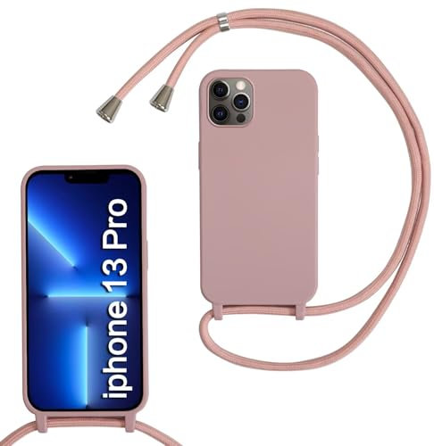 MBSLFY Lanyard Case for iPhone 13 Pro, Liquid Silicone Protective Phone Case with Strap Adjustable Neck Cord Necklace Soft Cover for iPhone 13 Pro, Dark pink