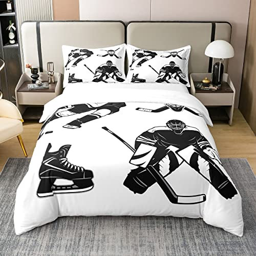 Eishockey 100% Gewaschener Baumwoll-Bettbezug 135x200,Eishockey-Spieler-Tröster-Bezug,Wintersport-Spiel-Bettwäsche-Set,Schwarz Weiße Bettdecke mit Reißverschluss Cartoon Bettwäsche für Kinder Jungen
