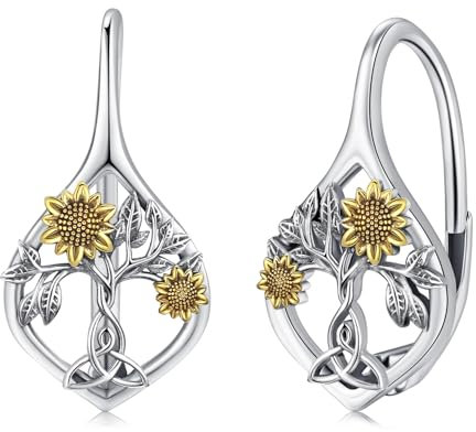 Sonnenblumen-Ohrringe, 925er-Sterlingsilber, Sonnenblumen-Ohrringe, Lebensbaum-Creolen, Schmuck, Geschenke für Frauen und Mädchen