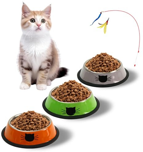KatzenschüSsel 3er Set, Katzennäpfe, Katzennapf, Futternapf Edelstahl Katze, Katzen Napf, Fressnäpfe für Katzen Und Kleine Hundetiere (Orange + Silber + Grün)