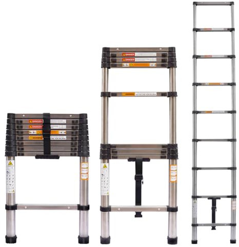 Telescopic Ladder 2.6m Collapsible Telescoping Extension Ladder 9 Adjustable Steps Portable Extendable Ladder Multi-Purpose for Garden Loft Office RV Car, 330lb Capacity EN131