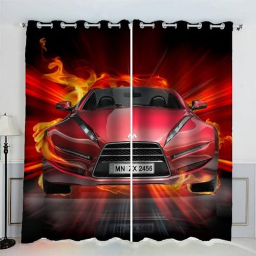 MEVASA Vorhänge Blickdicht Auto 3D Verdunklungsvorhänge 2er Set mit Ösen Gardinen Brennender Sportwagen Vorhang Microfaser Schlafzimmer Kinderzimmer 140 x 160 BxH