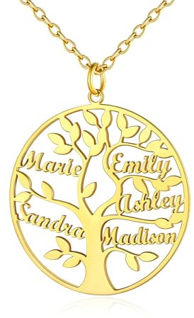 Custom4U Collier Arbre de Vie 5 Prénoms Personnalisable Plaqué Or Pendentif 5 Noms d'arbre Généalogique à Graver