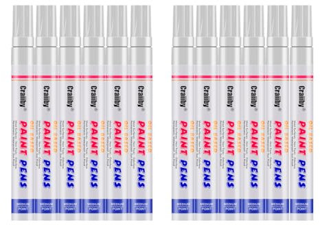 Marcadores de pintura blanca, paquete de 12 bolígrafos permanentes impermeables de secado rápido a base de aceite para pintura de rocas, madera, tela, plástico, lienzo, vidrio, tazas, metal,