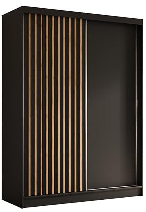 Margaret Hadas24 Kleiderschrank Erika mit Lamellen ohne Spiegel, Organizer, Mehrzweckschrank, Schwebetürenschrank, Garderobenschrank, Kleiderstange, Kleiderständer, Flurschrank, 160 cm, schwarz, braun