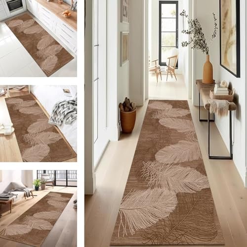 SUCERU Teppich Läufer Flur Diele Küche rutschfest Waschbar Braun Dauerhaft 80X150CM Abstrakt Teppichläufer für Wohnzimmer Korridor Schlafzimmer Büro Esszimmer Flurläufer Anpassbar Meterware