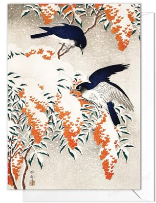 Strand Clothing Japanische Ukiyo-e Art Große Grußkarte – A5 Weihnachtskarte Mix mit Umschlag (Koson: Vögel und Beeren im Schnee)