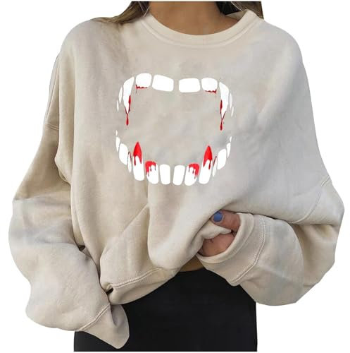 Felpa da donna con grafica di Halloween, casual, girocollo, vestibilità larga, leggera, leggera, 1-beige, XL