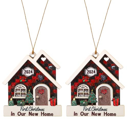 2pcs Christmas Tree Ornaments, Hanging New Home Ornament 2024 Wooden House Warming Gifts New Home Christmas Ornament for Christmas Tree Decoration Housewarming Gift (Style 2)