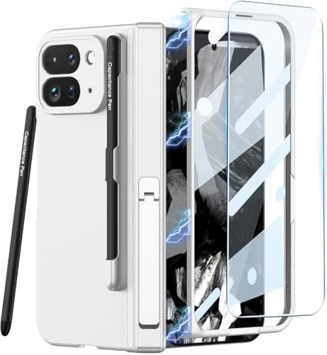 Funda para Google Pixel 9 Pro Fold con S Pen Soporte y Lápiz Optico, Carcasa Rígida de PC con Protección de Bisagra Magnética y Soporte y Protector de Pantalla Integrado para Pixel Fold 2(Plata)