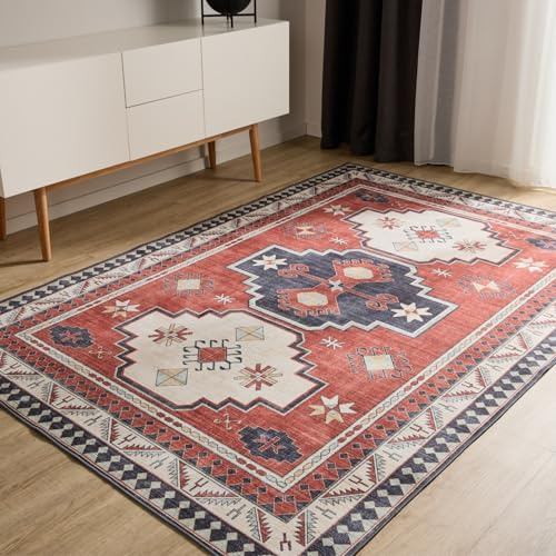 benuta Basic Waschbarer Teppich George - Multicolor/Blau 240x340 cm - Kunstfaser - Rechteckig & im Style: Vintage, Elegant, Retro - Pflegeleicht für Wohnzimmer Schlafzimmer