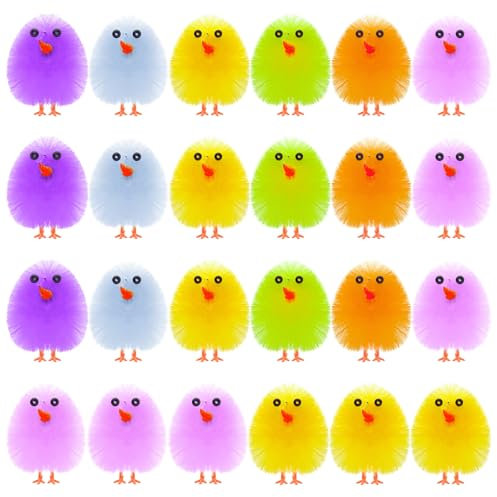 PLULON 24 Piezas Pollitos de Pascua de Colores, Pollitos Esponjosos de Felpa para Decoración de Huevos, Fiestas de Búsqueda de Huevos y Detalles de Pascua