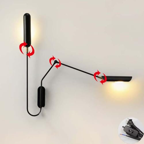 LOGT Swing Arm Wandlampe Innen mit Schwenkarm Wandleuchte mit Stecker und Kabel Schalter Nachttischlampe Drehbare 2 Flammig Wandbeleuchtung Verstellbare Retro Industrial Wand Leselampe Schwarz