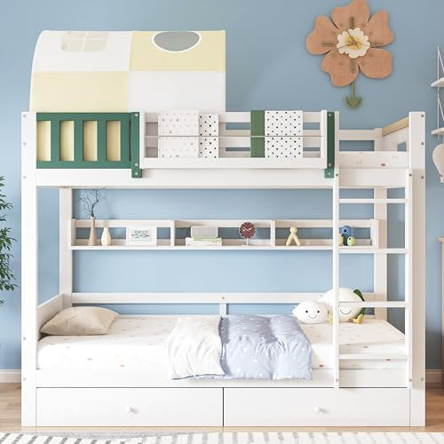 I0I&I0I Etagenbett 90x200 cm – Hausbett für Kinder mit Zelt, Fallschutz & Gitter, 4-Stufen-Leiter, 2 Schubladen auf Rollen – Kiefer & MDF (Weiß+Gelb Grün)